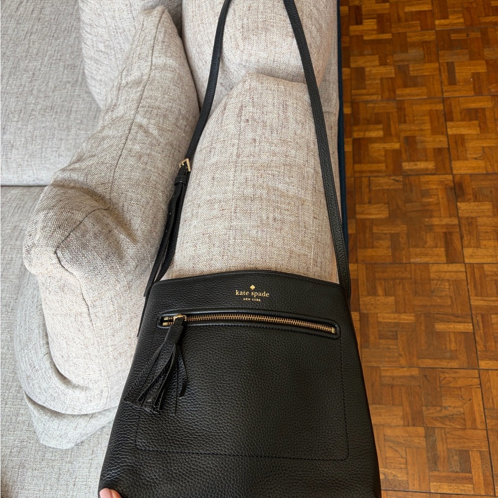 kate spade Black Pebbled Leather Crossbody with Gold Logo